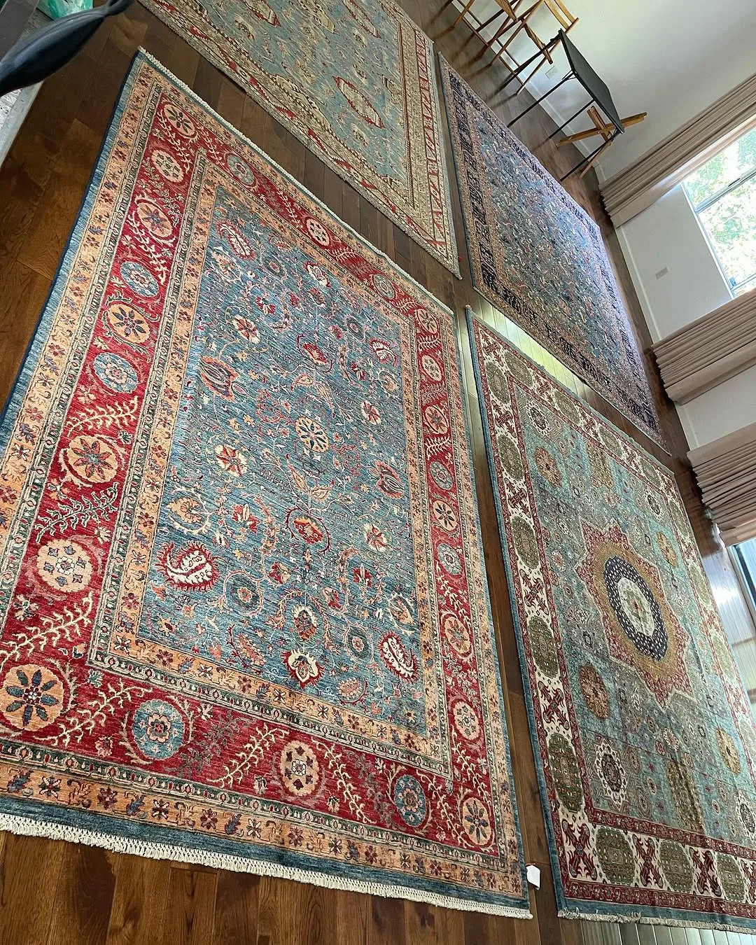 Blue-Ground Geometric Carpet — hand-knotted Oriental rug