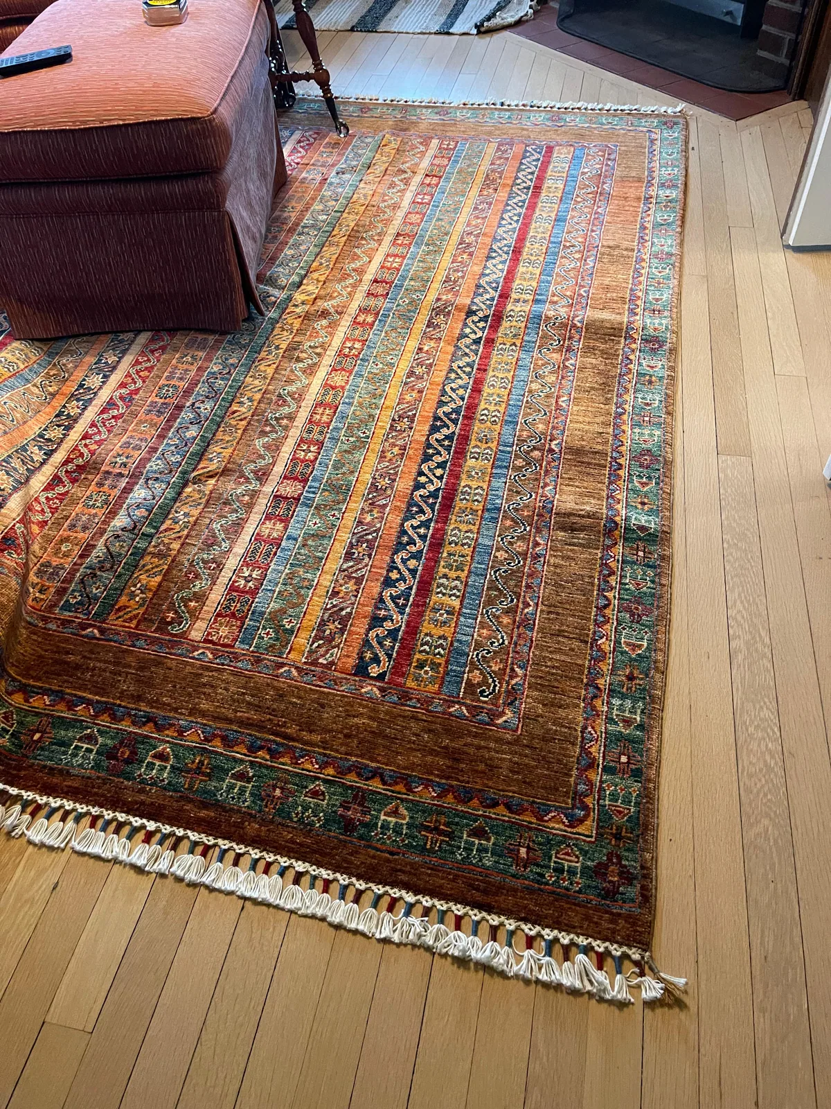 Golden Shawl-Stripe Carpet &mdash; hand-knotted Tribal & Revival Geometric Oriental rug