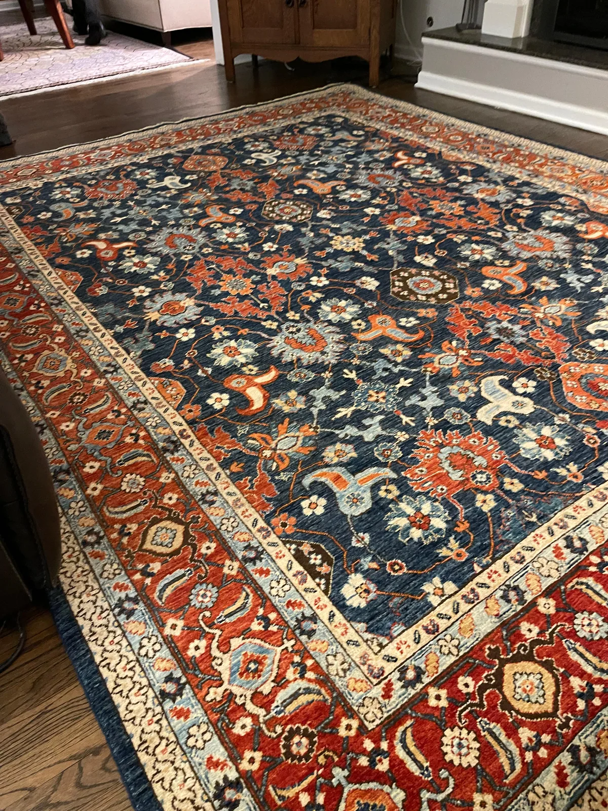 Indigo Palmette Carpet &mdash; hand-knotted Tribal & Revival Geometric Oriental rug