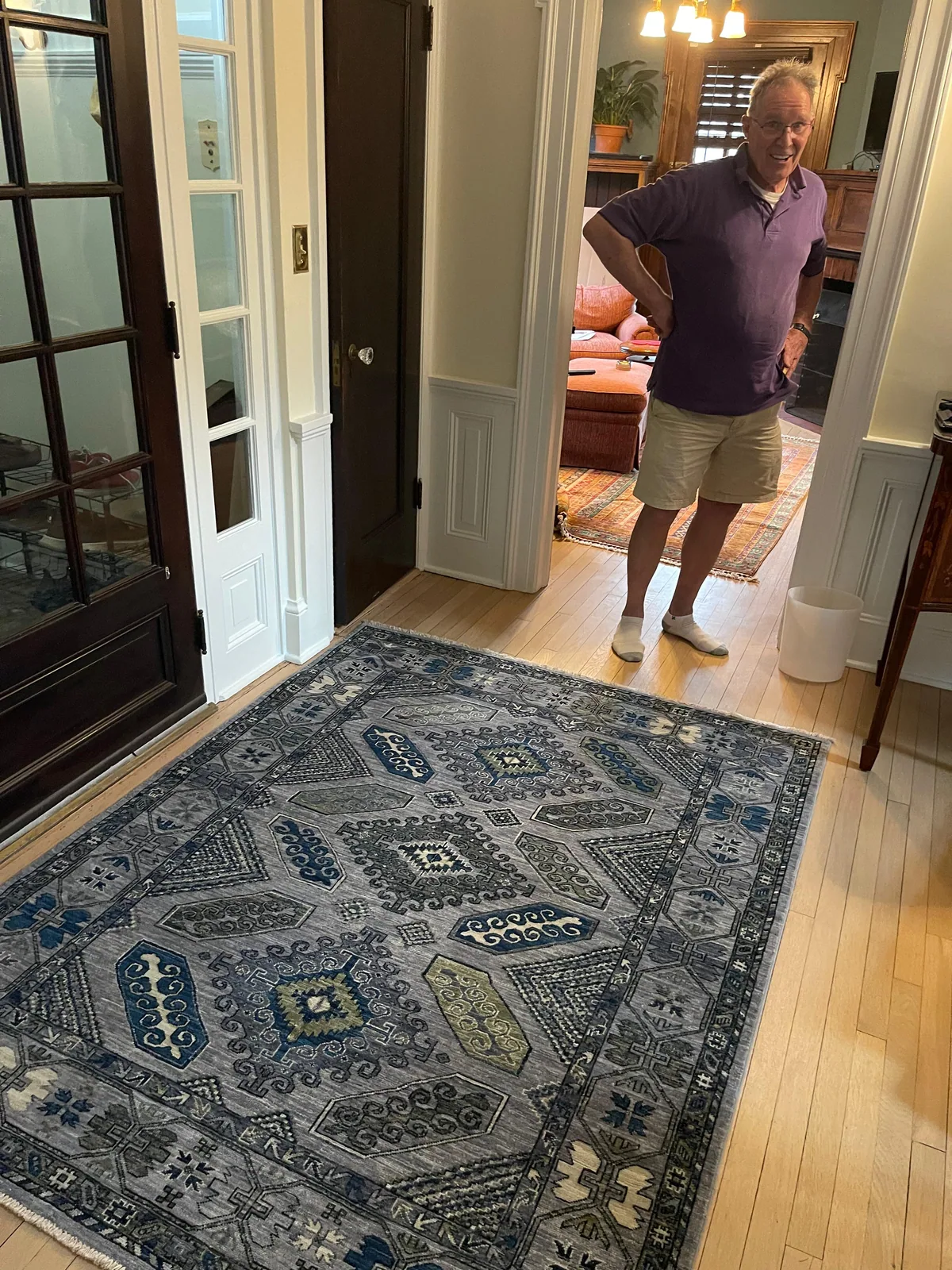 Smoke-Blue Kazak Carpet — hand-knotted Caucasian Geometric Oriental rug