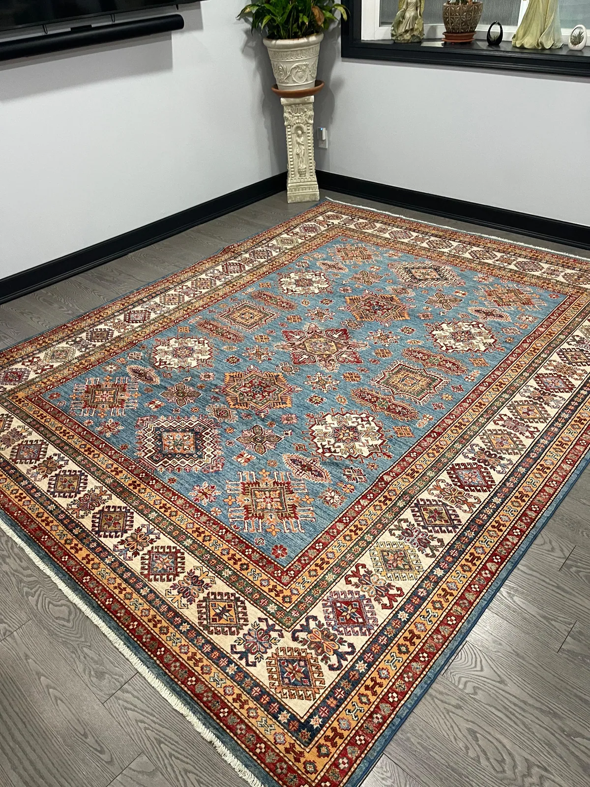 Powder-Blue Kazak Carpet &mdash; hand-knotted Caucasian Geometric Oriental rug