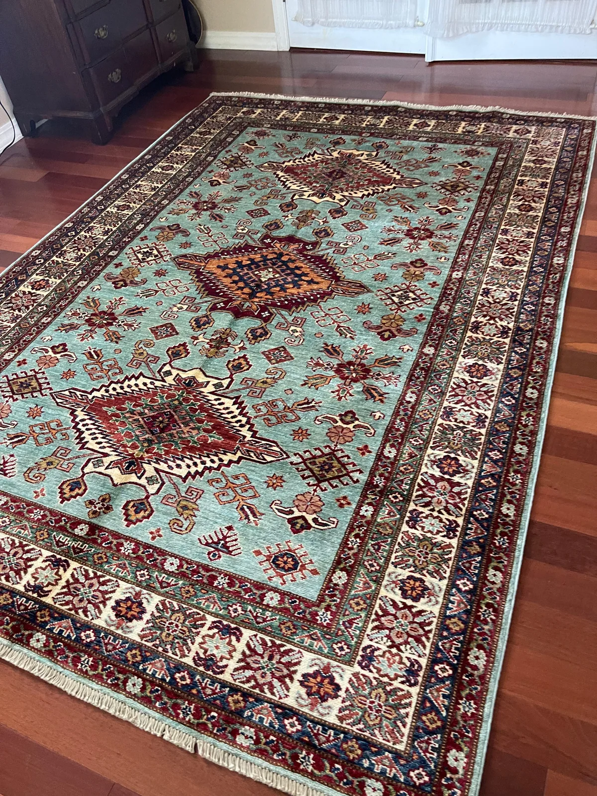 Teal Kazak Carpet &mdash; hand-knotted Caucasian Geometric Oriental rug