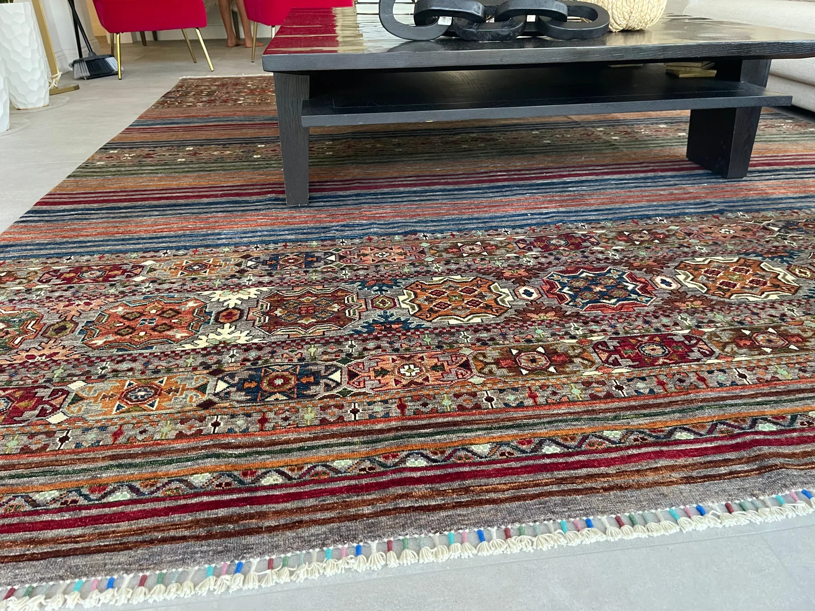 Crimson Shawl-Stripe Carpet &mdash; hand-knotted Tribal & Revival Geometric Oriental rug